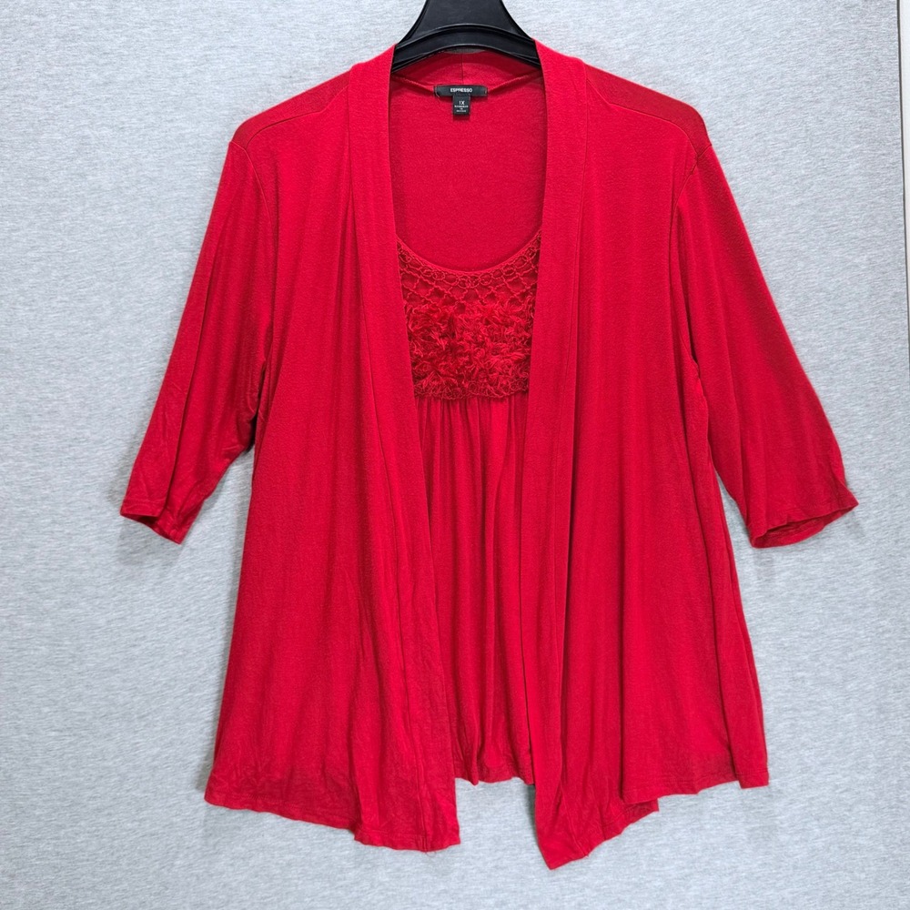 Espresso Cardigan Set Womens 1X Red Crochet Lace Eyelash Fringe Layered Top